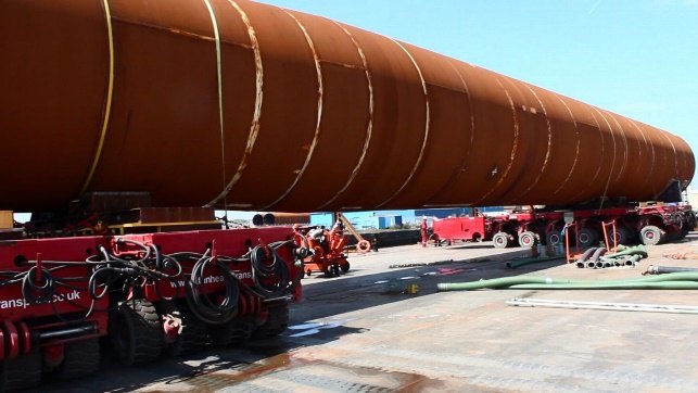 650-tonne monopile at load-out on a transporter